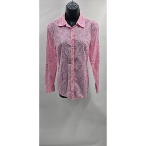 Talbots Button Down Women's Shirt Size Small Pink White Long Sleeve Dragonfly
